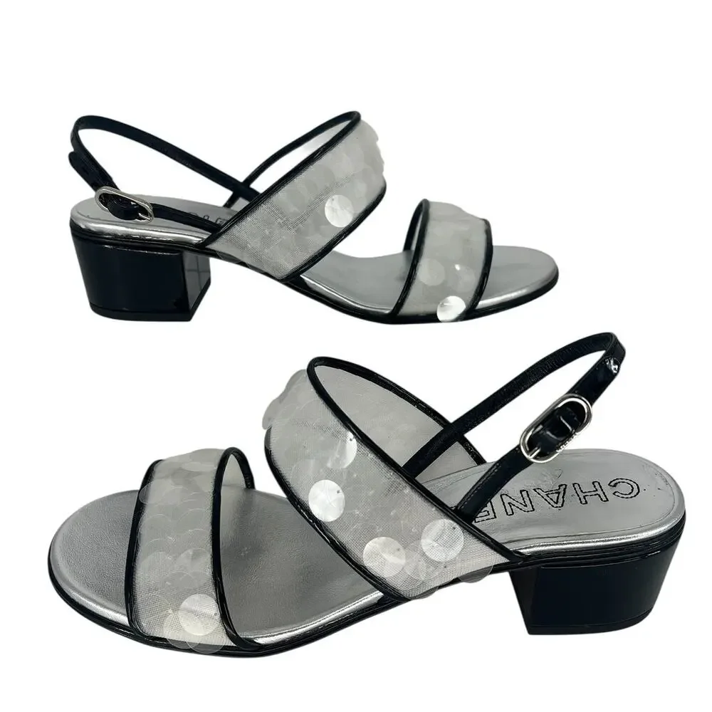 Chanel 2017 Sequin‎ Patent Leather Trim CC Heel Sandals 38C